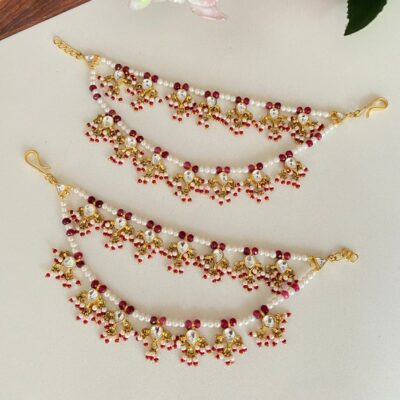 Ruby Red Onyx Bead Pearl Ear Chain
