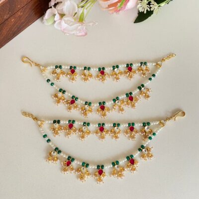 Ruby and Green Bead Pearl Ear Chain