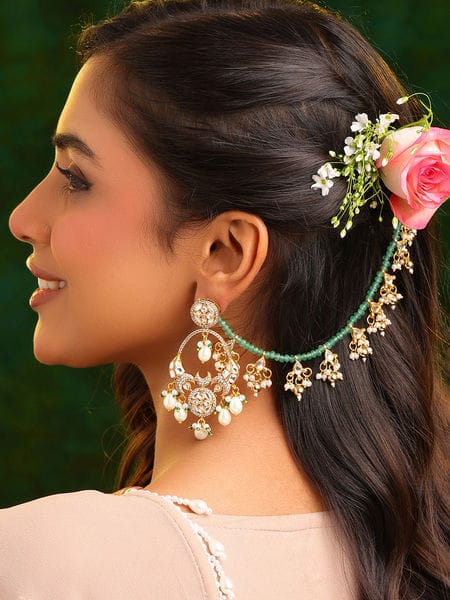 Green Bead and Pearl Cluster Ear Chain - Image 2