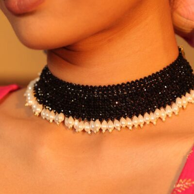 Black Bead Choker With White Drop