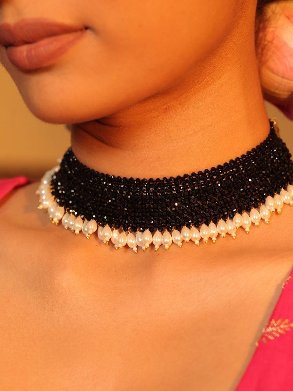 Black Bead Choker With White Drop