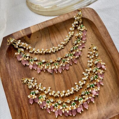 Handmade Pastel Pink & Green Bead Kundan Ear Chains