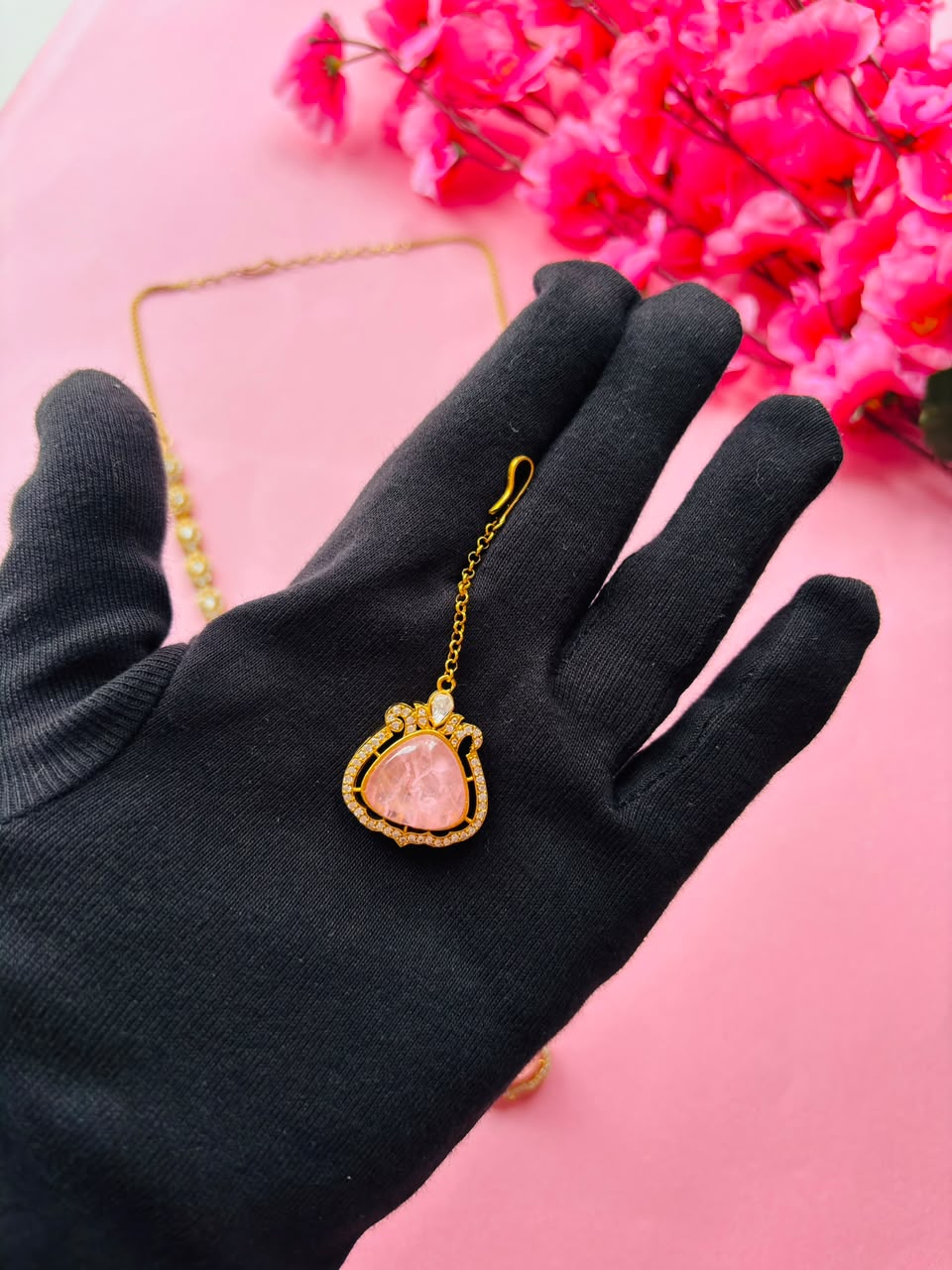 Multi-Layer Pink Stone Bridal Necklace Set With Maangtika - Image 8