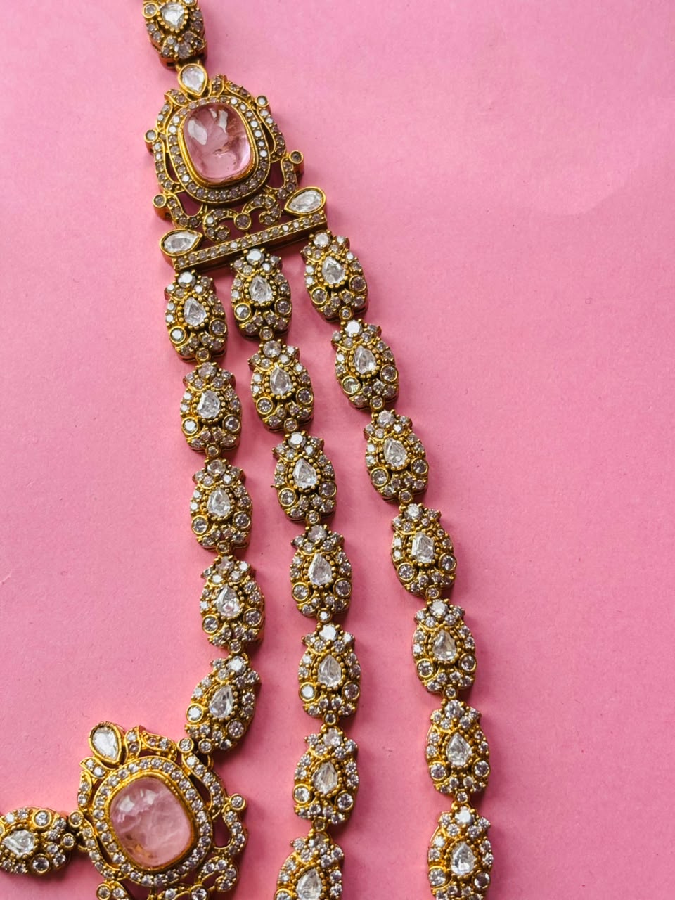 Multi-Layer Pink Stone Bridal Necklace Set With Maangtika - Image 4
