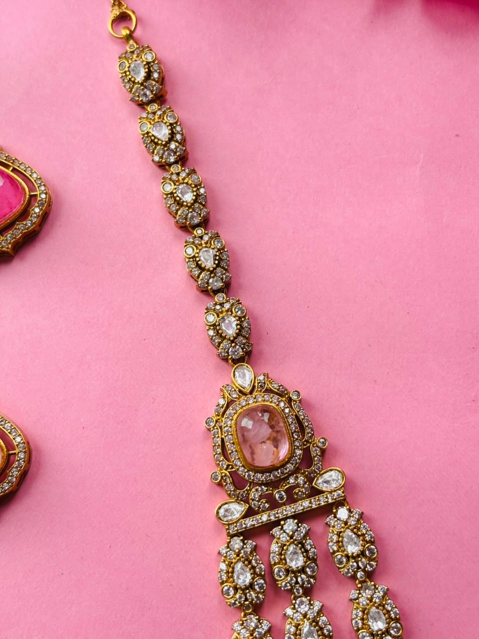 Multi-Layer Pink Stone Bridal Necklace Set With Maangtika - Image 3