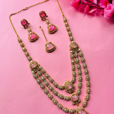 Multi-Layer Pink Stone Bridal Necklace Set With Maangtika