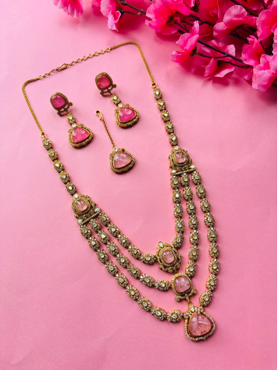 Multi-Layer Pink Stone Bridal Necklace Set With Maangtika