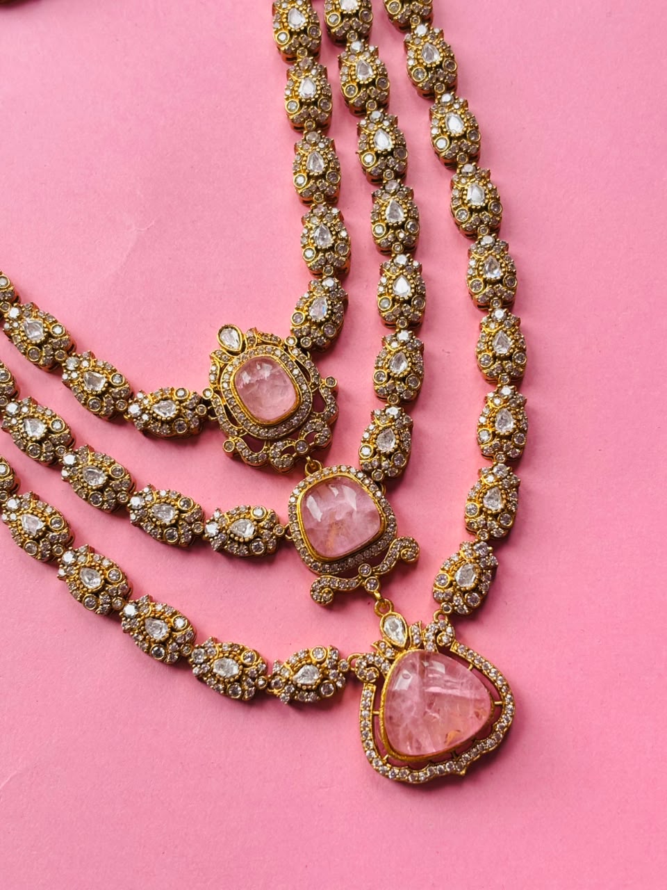 Multi-Layer Pink Stone Bridal Necklace Set With Maangtika - Image 2