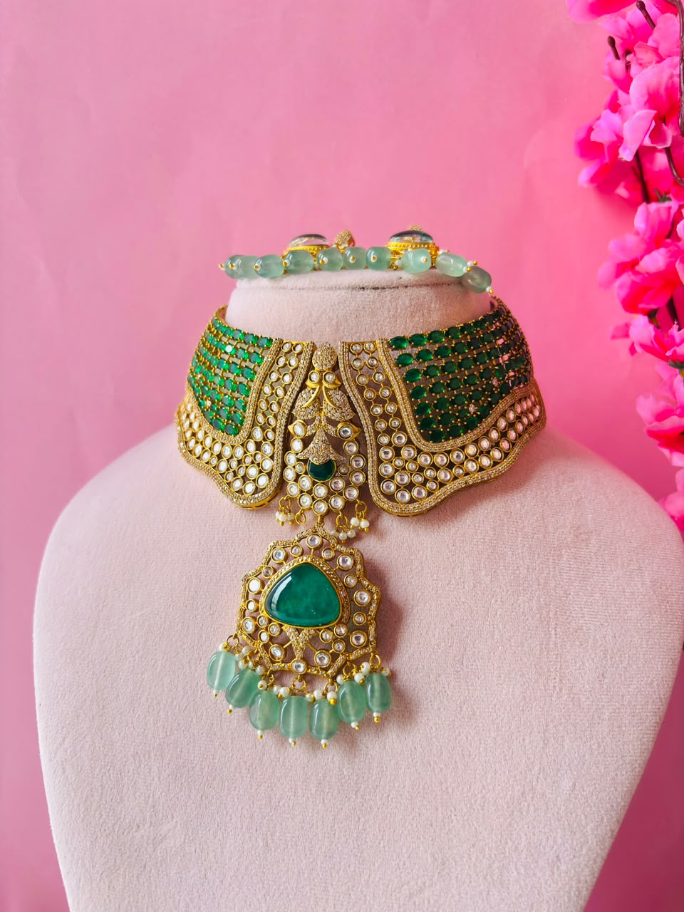 Polki Aquamarine Bridal Choker Set - Image 2