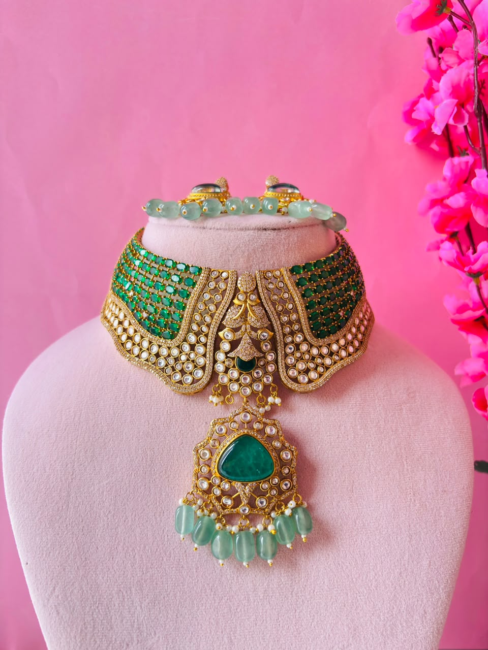 Polki Aquamarine Bridal Choker Set - Image 3