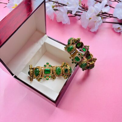 Exquisite Green Stone and Polki Embellished Hinged Openable Bracelets (Pack Of 2)