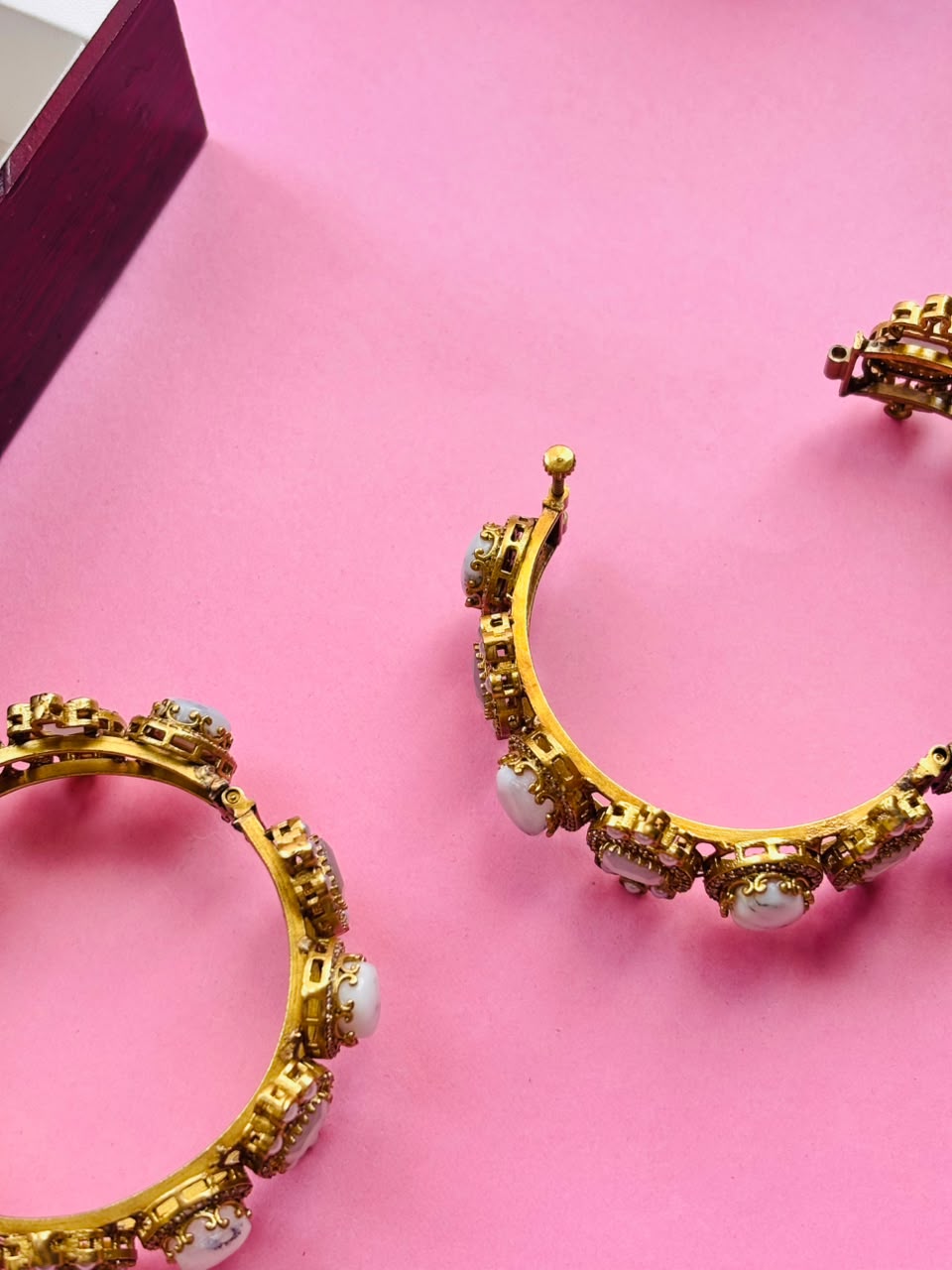 Exquisite White Stone and Polki Embellished Hinged Openable Bracelets (Pack Of 2) - Image 10