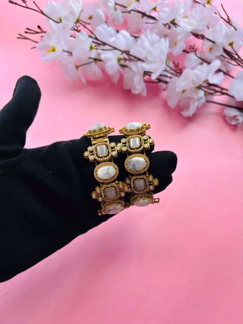 Exquisite White Stone and Polki Embellished Hinged Openable Bracelets (Pack Of 2) - Image 5