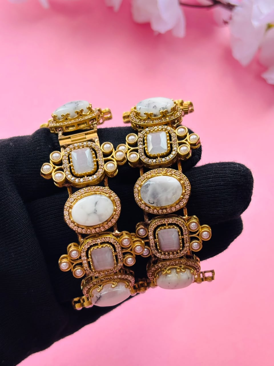 Exquisite White Stone and Polki Embellished Hinged Openable Bracelets (Pack Of 2) - Image 3