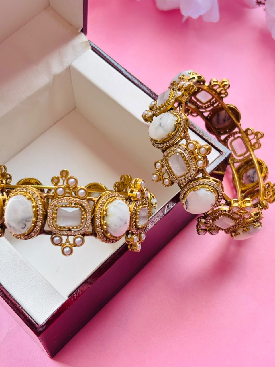Exquisite White Stone and Polki Embellished Hinged Openable Bracelets (Pack Of 2) - Image 2