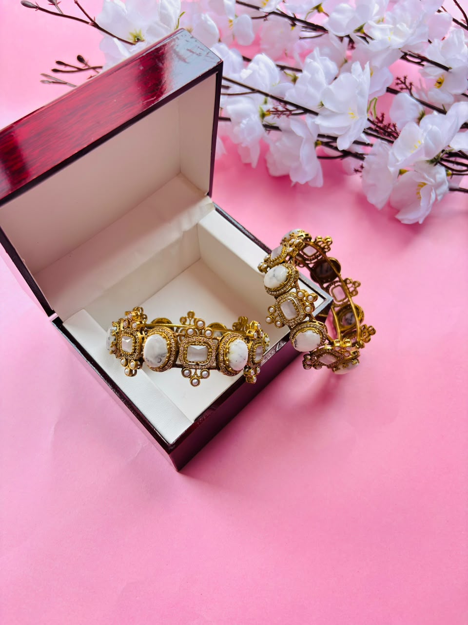 Exquisite White Stone and Polki Embellished Hinged Openable Bracelets (Pack Of 2)