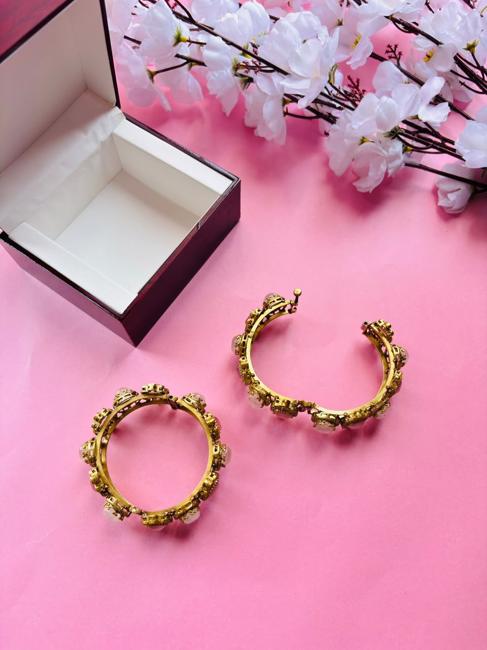 Exquisite Pink Stone and Polki Embellished Hinged Openable Bracelets (Pack Of 2) - Image 8