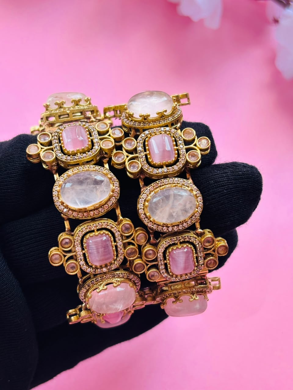 Exquisite Pink Stone and Polki Embellished Hinged Openable Bracelets (Pack Of 2) - Image 7