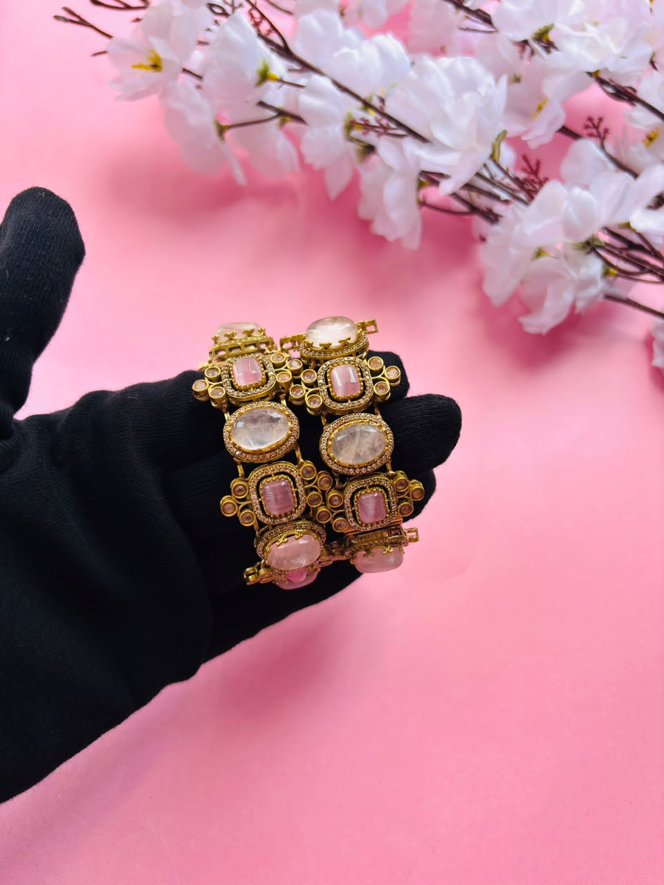 Exquisite Pink Stone and Polki Embellished Hinged Openable Bracelets (Pack Of 2) - Image 6