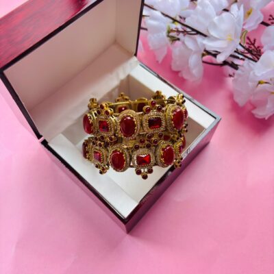 Exquisite Red Stone and Polki Embellished Hinged Openable Bracelets (Pack Of 2)