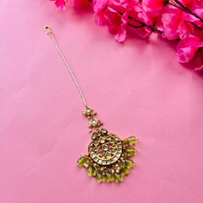 Gold Plated Kundan Green Stones Maangtika