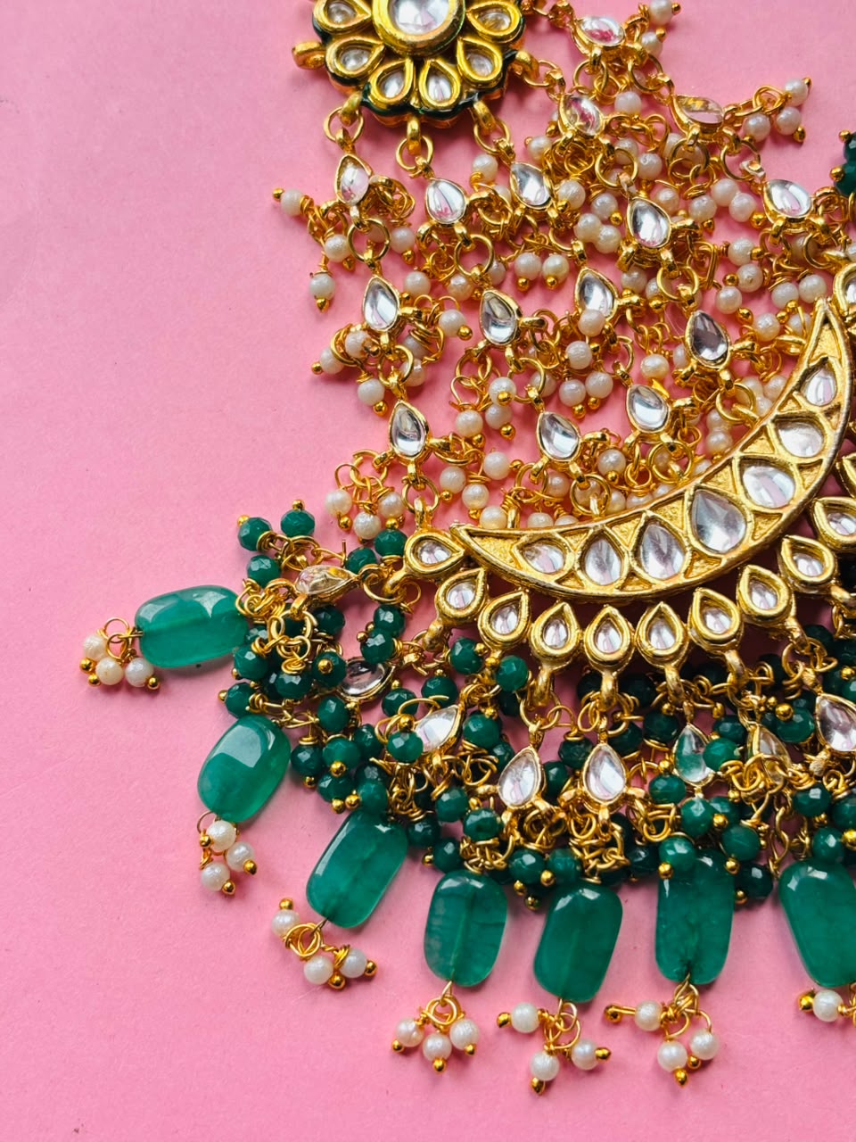 Gold Plated Green Emerald Kundan Passa Bridal Jhoomar Jewellery - Image 5