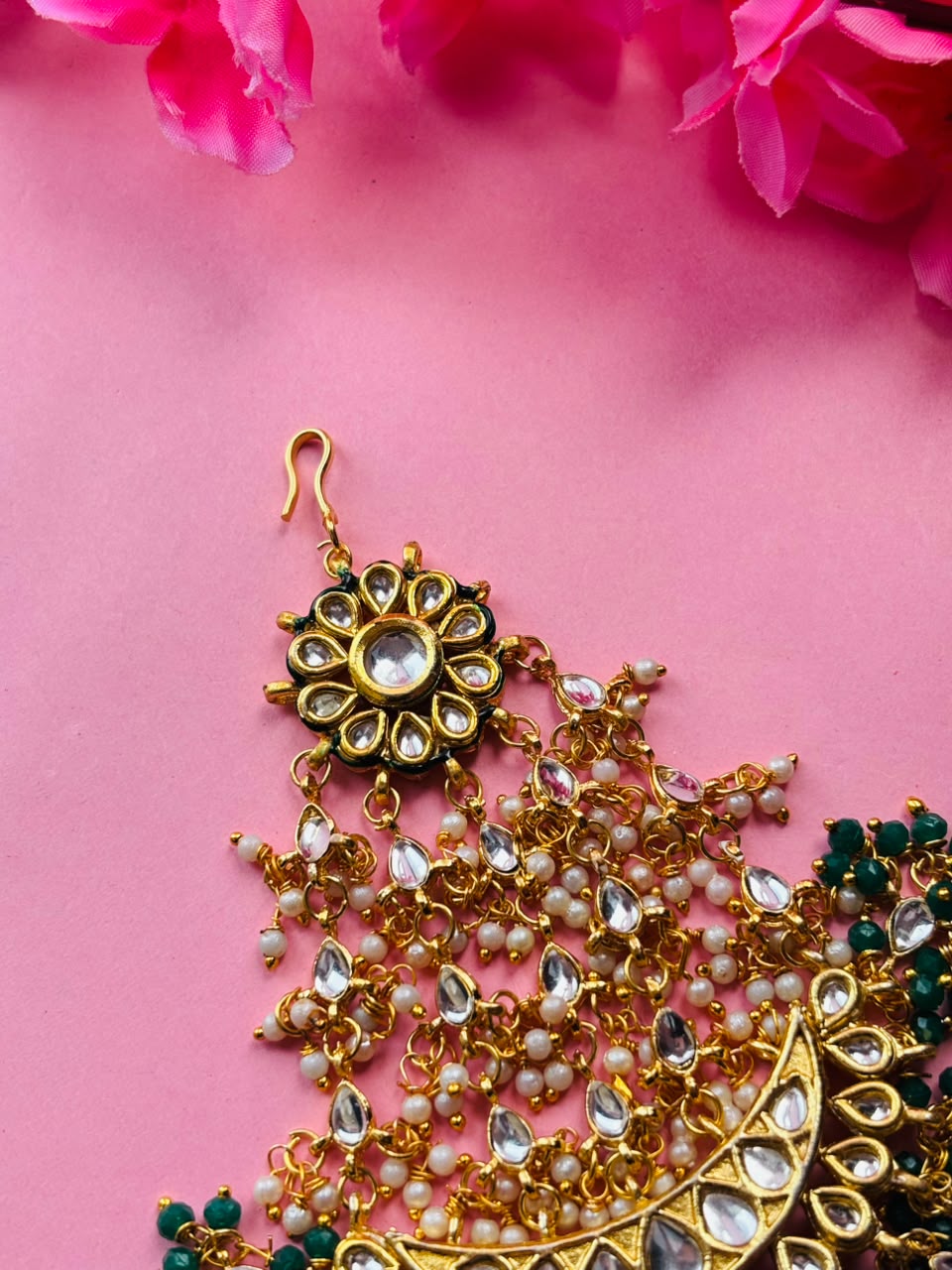 Gold Plated Green Emerald Kundan Passa Bridal Jhoomar Jewellery - Image 4
