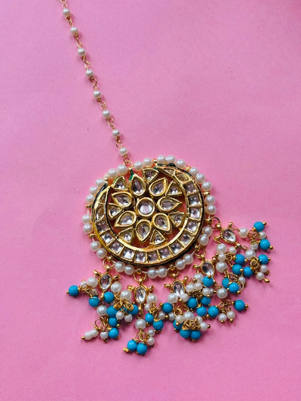 Gold Plated Kundan Blue Stones Maangtika - Image 2