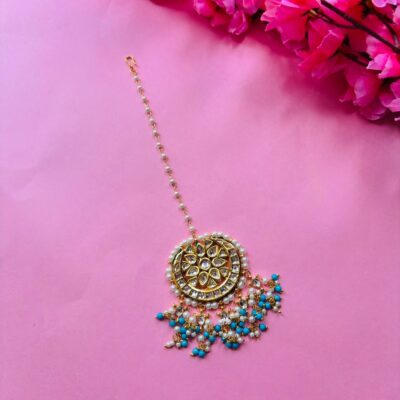 Gold Plated Kundan Blue Stones Maangtika