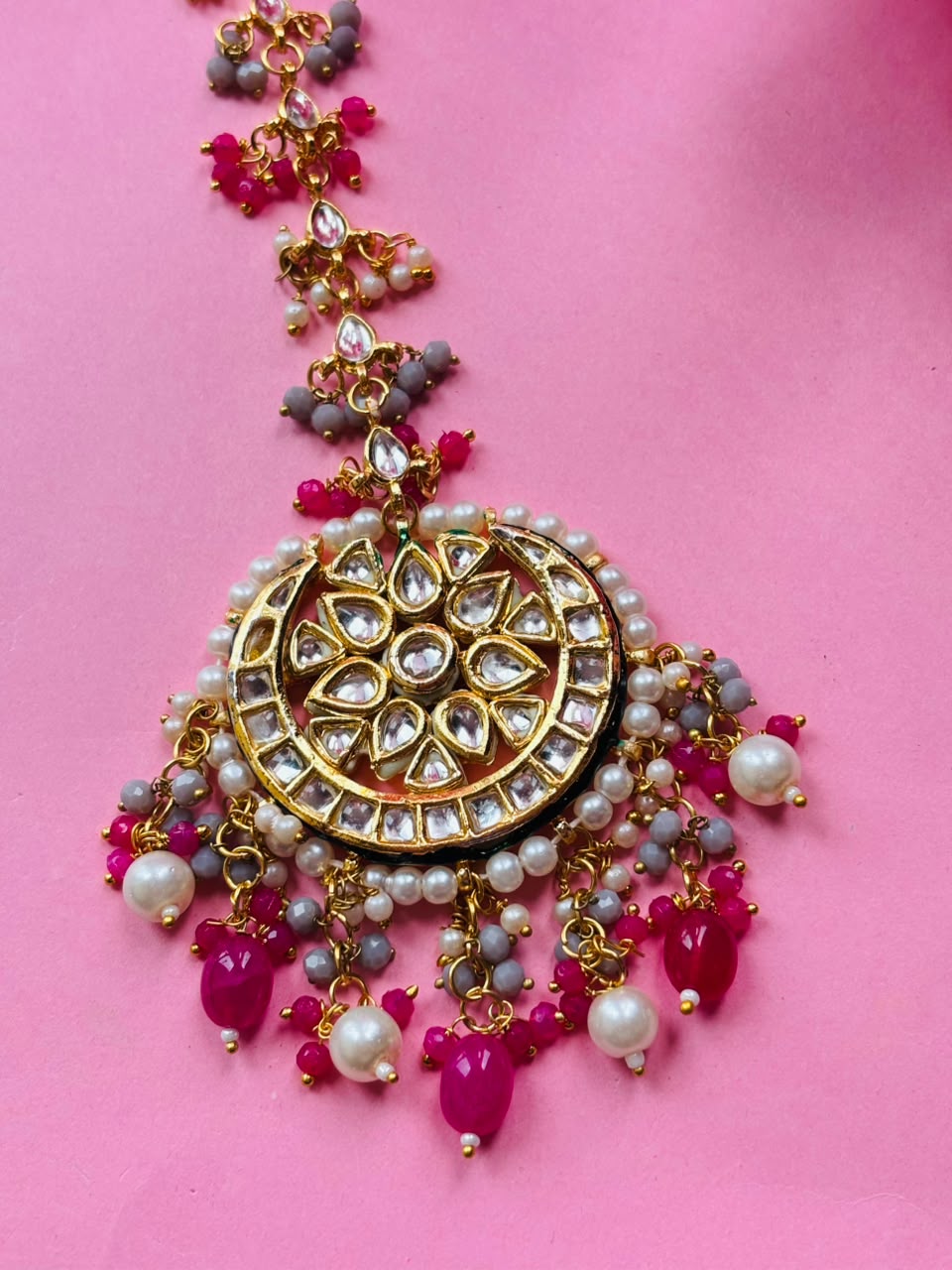 Gold Plated Kundan Pink Stones Maangtika - Image 2