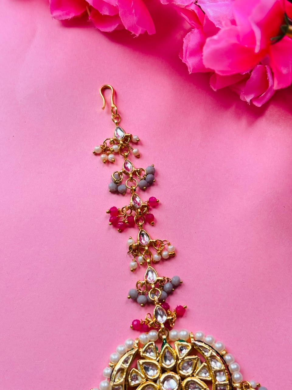 Gold Plated Kundan Pink Stones Maangtika - Image 3