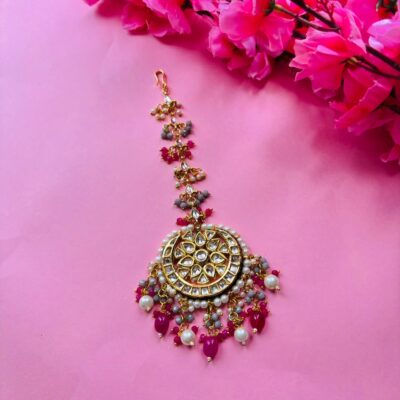 Gold Plated Kundan Pink Stones Maangtika