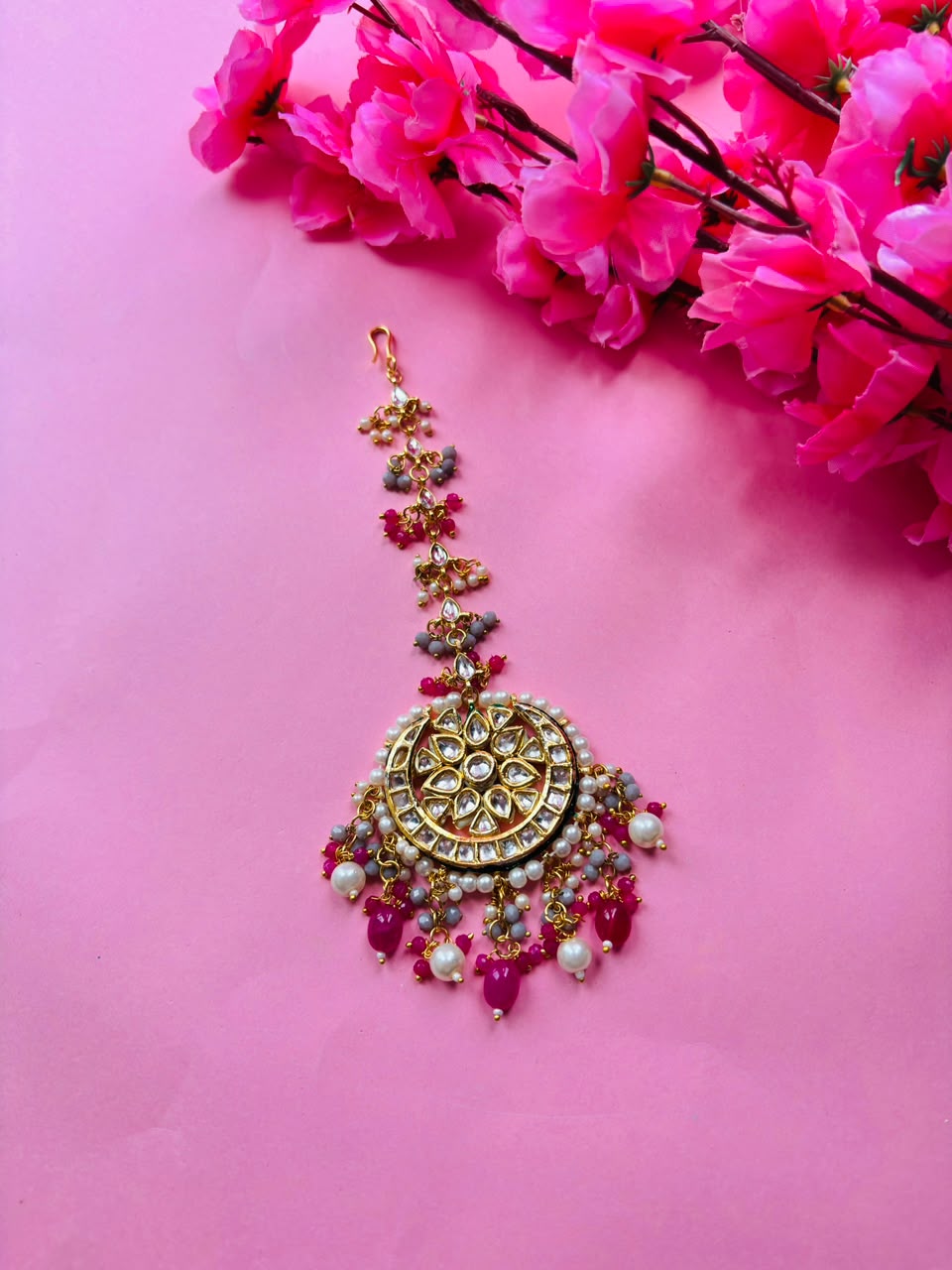 Gold Plated Kundan Pink Stones Maangtika
