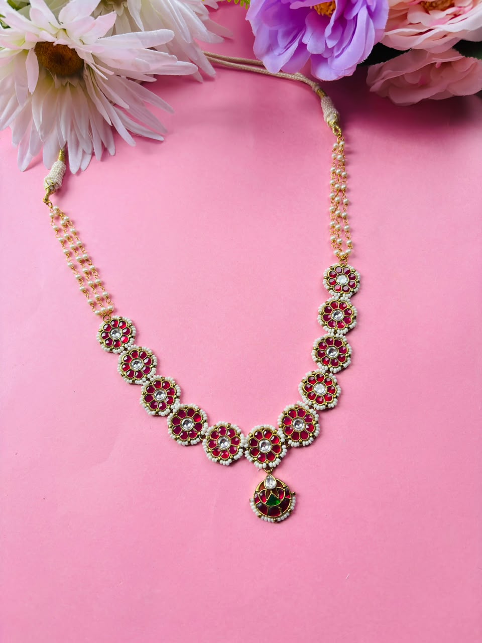 Floral Kundan & Red Enamel Necklace Set - Image 2