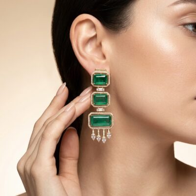 Gold Plated Emerald Cut Long Drop Earrings with CZ Studs