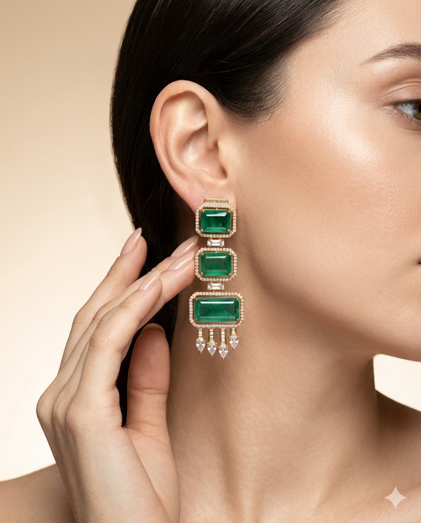 Gold Plated Emerald Cut Long Drop Earrings with CZ Studs