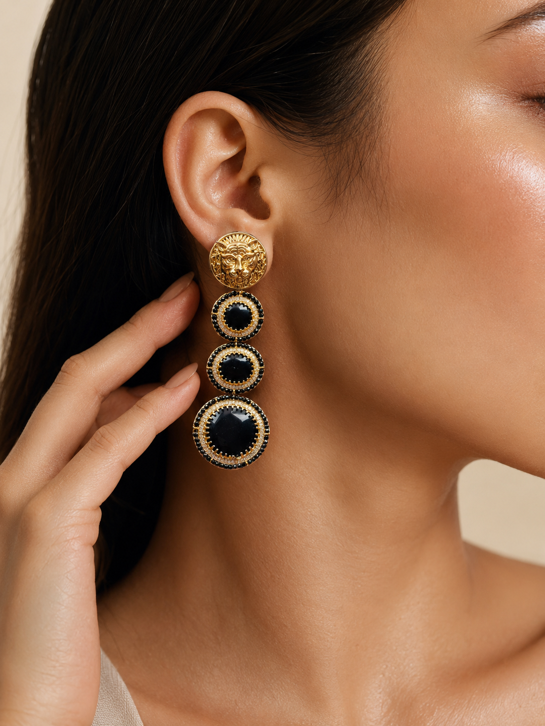 Victorian Lion Head Statement Earrings – Black Onyx