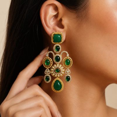 Victorian Pearl Chandbali Earrings – Emerald Green