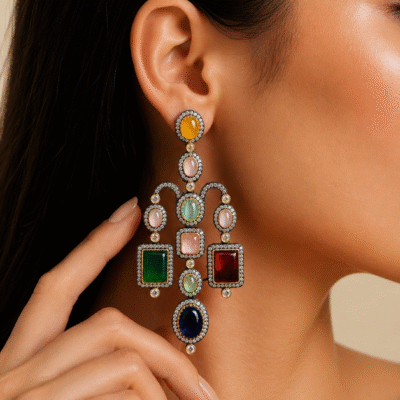 Victorian Multi-Gemstone Chandelier Earrings – Navratna Style