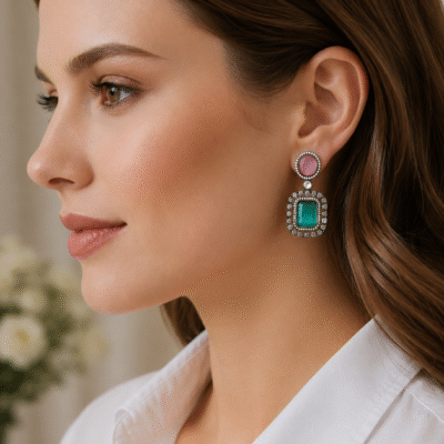 Premium Victorian Drop Earrings – Pink & Green Stone