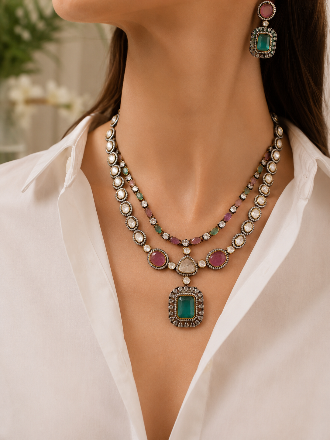 Emerald Victorian Layered Necklace Set
