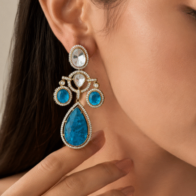 Gold Plated Blue Colour Stone Drop Earrings for Women, Party Wear