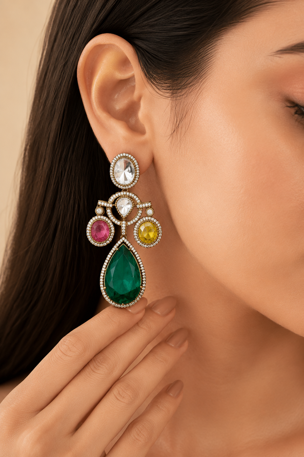 Gold Plated Multi Colour Stone Drop Earrings for Women, Party Wear