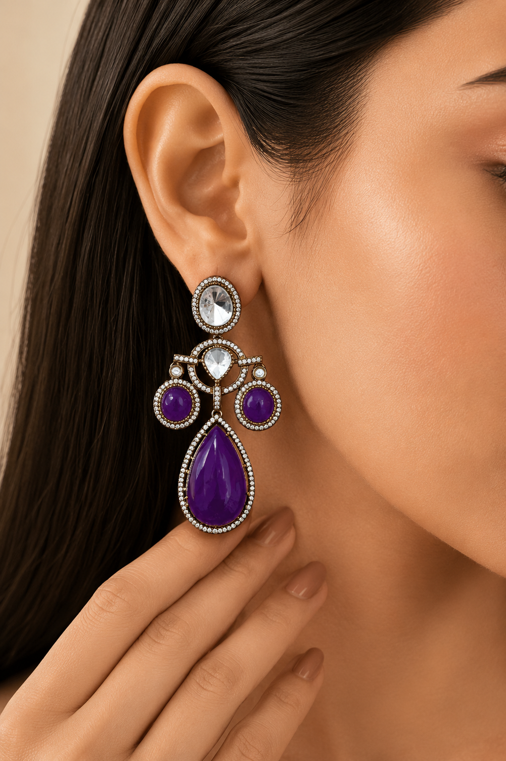 Gold Plated Purple Colour Stone Drop Earrings for Women, Party Wear