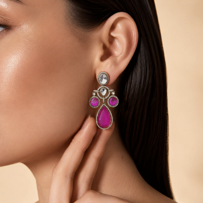 Gold Plated Pink Colour Stone Drop Earrings for Women, Party Wear