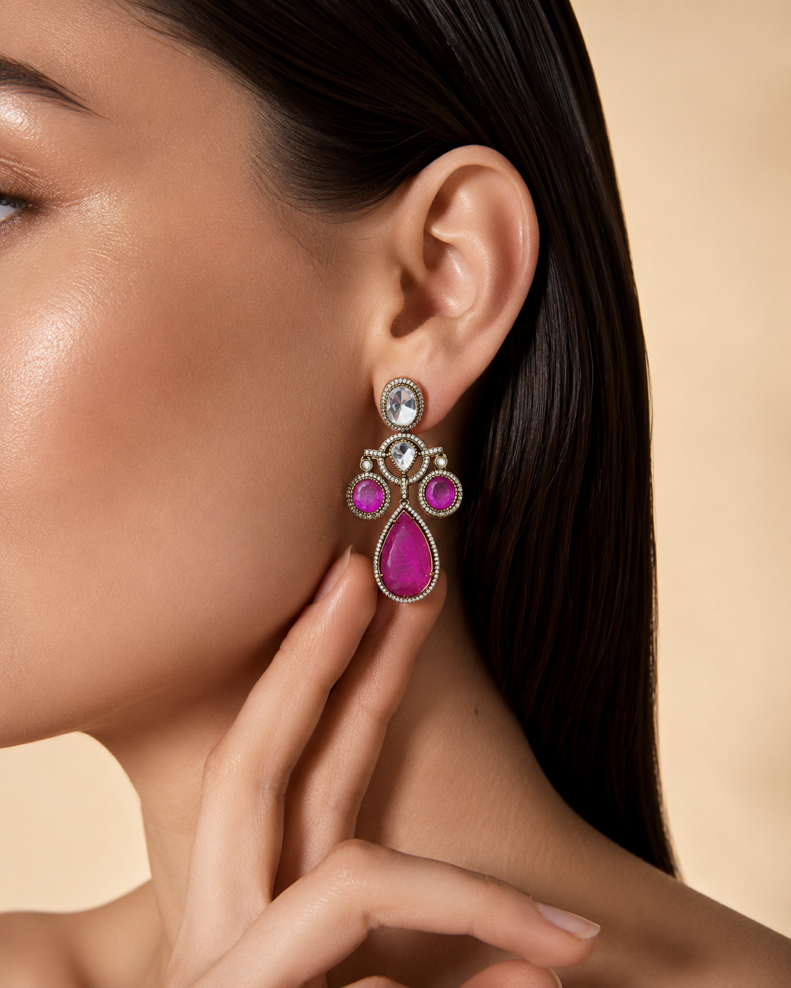 Gold Plated Pink Colour Stone Drop Earrings for Women, Party Wear