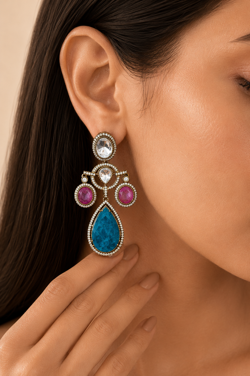 Gold Plated Multi Colour Stone Drop Earrings for Women, Party Wear