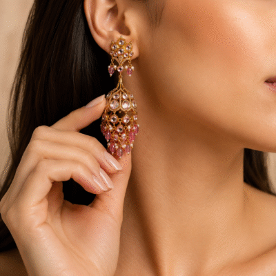 Kundan Chandbali Jhumka Earrings with Pearl & Bead Tassels