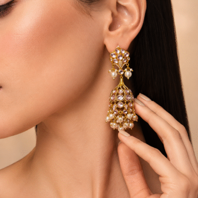 Kundan Chandbali Jhumka Earrings with Pearl & Bead Tassels