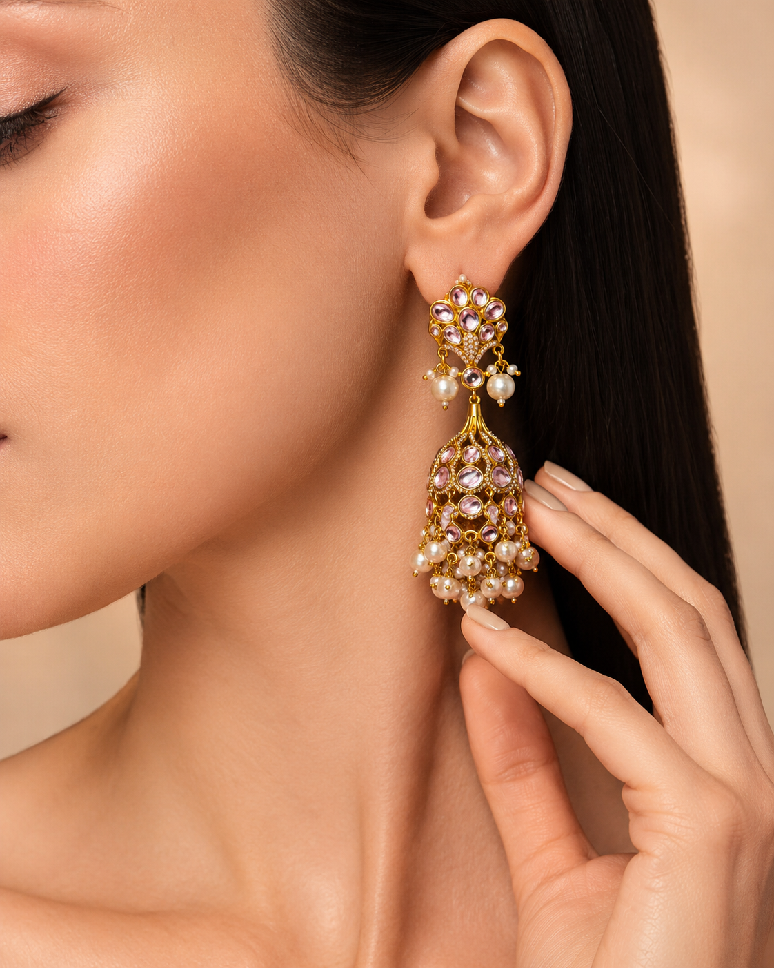 Kundan Chandbali Jhumka Earrings with Pearl & Bead Tassels